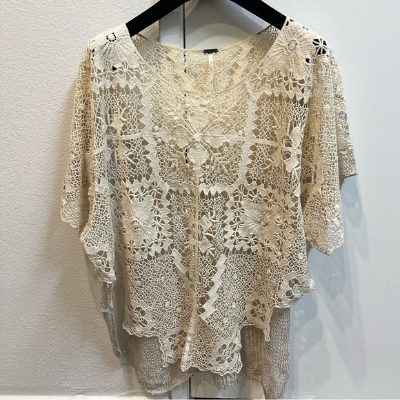 FREE PEOPLE 100% Linen Bad Romance Kimono Crochet Lace Sweater Ivory Cream XS/S - Picture 5 of 11